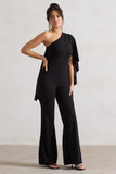Pristine Black One Shoulder Cape Sleeve Flared-Leg Jumpsuit