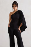 Pristine Black One Shoulder Cape Sleeve Flared-Leg Jumpsuit