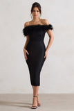Maiden Black Lace Bardot Midi Dress With Feather Trim