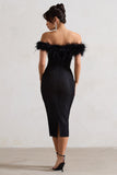 Maiden Black Lace Bardot Midi Dress With Feather Trim