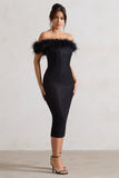 Maiden Black Lace Bardot Midi Dress With Feather Trim