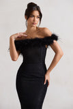 Maiden Black Lace Bardot Midi Dress With Feather Trim