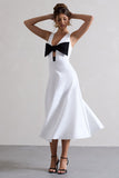 Primrose White Plunge-Neck Midi Dress With Black Bow