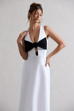 Primrose White Plunge-Neck Midi Dress With Black Bow