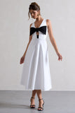 Primrose White Plunge-Neck Midi Dress With Black Bow