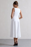 Primrose White Plunge-Neck Midi Dress With Black Bow