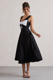Primrose Black Plunge-Neck Midi Dress With White Bow
