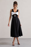Primrose Black Plunge-Neck Midi Dress With White Bow