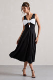 Primrose Black Plunge-Neck Midi Dress With White Bow