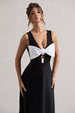 Primrose Black Plunge-Neck Midi Dress With White Bow