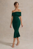 Lydia Bottle Green Bardot Bow Detail Midi Dress