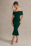 Lydia Bottle Green Bardot Bow Detail Midi Dress