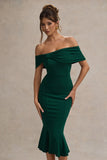 Lydia Bottle Green Bardot Bow Detail Midi Dress