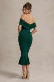 Lydia Bottle Green Bardot Bow Detail Midi Dress