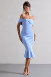 Lydia Sky Blue Bardot Bow Detail Midi Dress