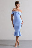 Lydia Sky Blue Bardot Bow Detail Midi Dress