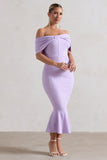 Lydia Pastel Lilac Bardot Bow Detail Midi Dress