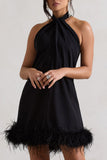 Femme Black Halter-Neck Smock Mini Dress With Feather Hem