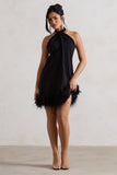 Femme Black Halter-Neck Smock Mini Dress With Feather Hem
