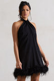Femme Black Halter-Neck Smock Mini Dress With Feather Hem