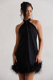 Femme Black Halter-Neck Smock Mini Dress With Feather Hem