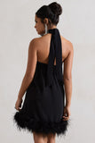 Femme Black Halter-Neck Smock Mini Dress With Feather Hem