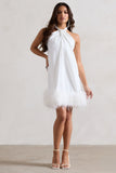 Femme White Halter-Neck Smock Mini Dress With Feather Hem