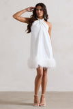 Femme White Halter-Neck Smock Mini Dress With Feather Hem