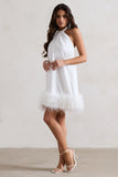Femme White Halter-Neck Smock Mini Dress With Feather Hem