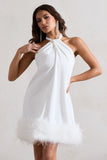 Femme White Halter-Neck Smock Mini Dress With Feather Hem