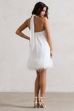 Femme White Halter-Neck Smock Mini Dress With Feather Hem