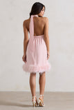 Femme Pink Halter-Neck Smock Mini Dress With Feather Hem