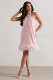 Femme Pink Halter-Neck Smock Mini Dress With Feather Hem