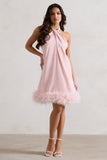 Femme Pink Halter-Neck Smock Mini Dress With Feather Hem
