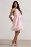 Femme Pink Halter-Neck Smock Mini Dress With Feather Hem