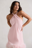 Femme Pink Halter-Neck Smock Mini Dress With Feather Hem