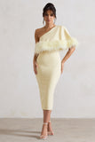 Victory Lemon One Shoulder Midi Dress With Feather Trim