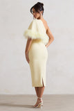 Victory Lemon One Shoulder Midi Dress With Feather Trim