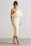 Victory Lemon One Shoulder Midi Dress With Feather Trim