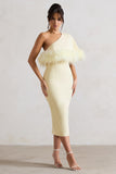 Victory Lemon One Shoulder Midi Dress With Feather Trim
