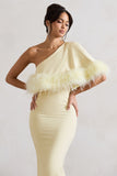 Victory Lemon One Shoulder Midi Dress With Feather Trim