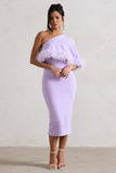 Victory Lilac One Shoulder Midi Dress With Feather Trim