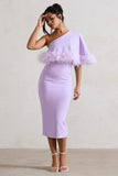 Victory Lilac One Shoulder Midi Dress With Feather Trim