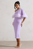 Victory Lilac One Shoulder Midi Dress With Feather Trim