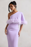 Victory Lilac One Shoulder Midi Dress With Feather Trim