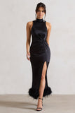 Zoe Black Satin Twist Split Maxi Dress With Feather Trim