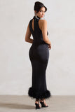 Zoe Black Satin Twist Split Maxi Dress With Feather Trim
