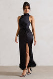 Zoe Black Satin Twist Split Maxi Dress With Feather Trim