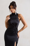Zoe Black Satin Twist Split Maxi Dress With Feather Trim