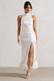 Zoe Cream Satin Twist Split Maxi Dress With Feather Trim